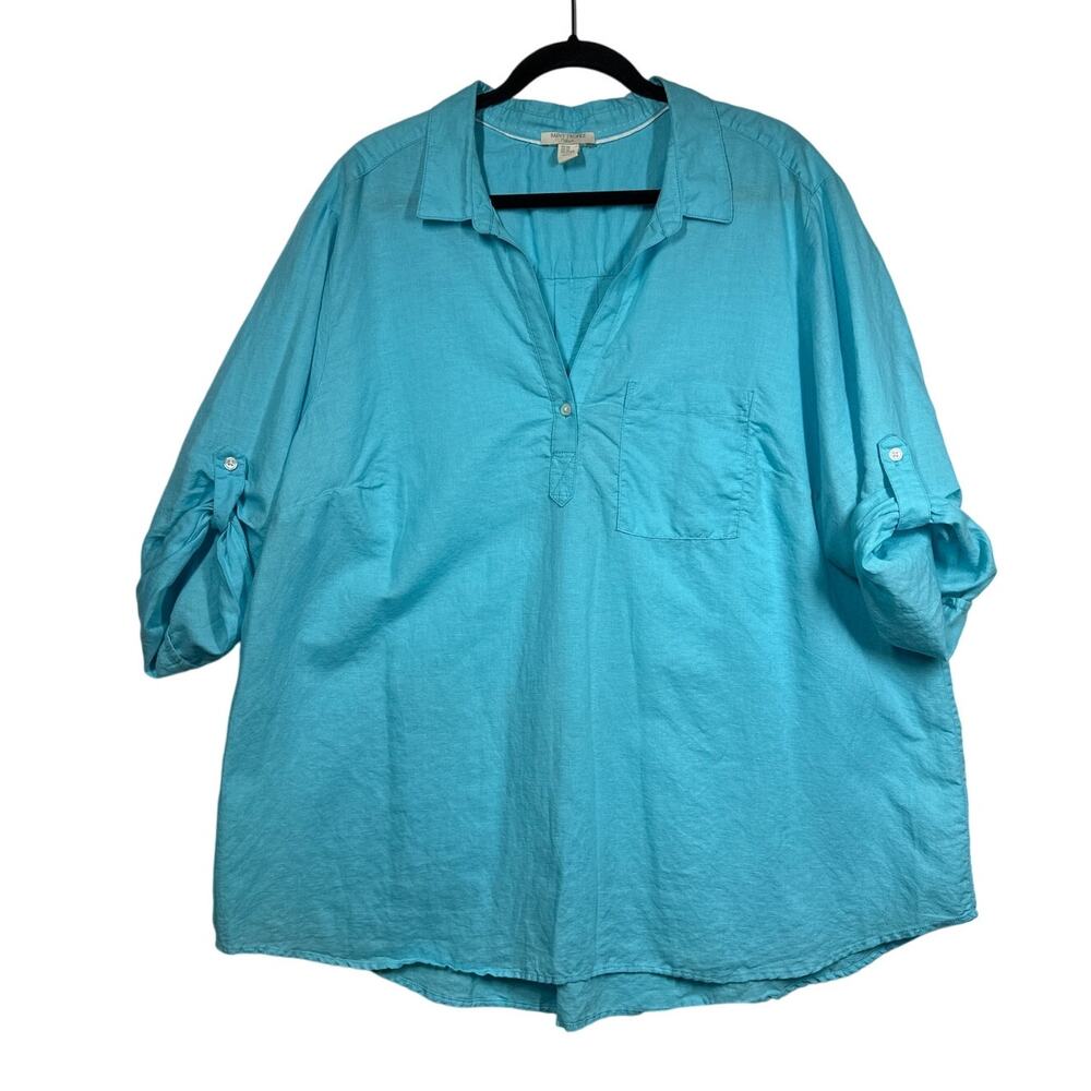 St Tropez West Linen Short Sleeve Blouse Tunic Top Light Blue Size 3X Coastal